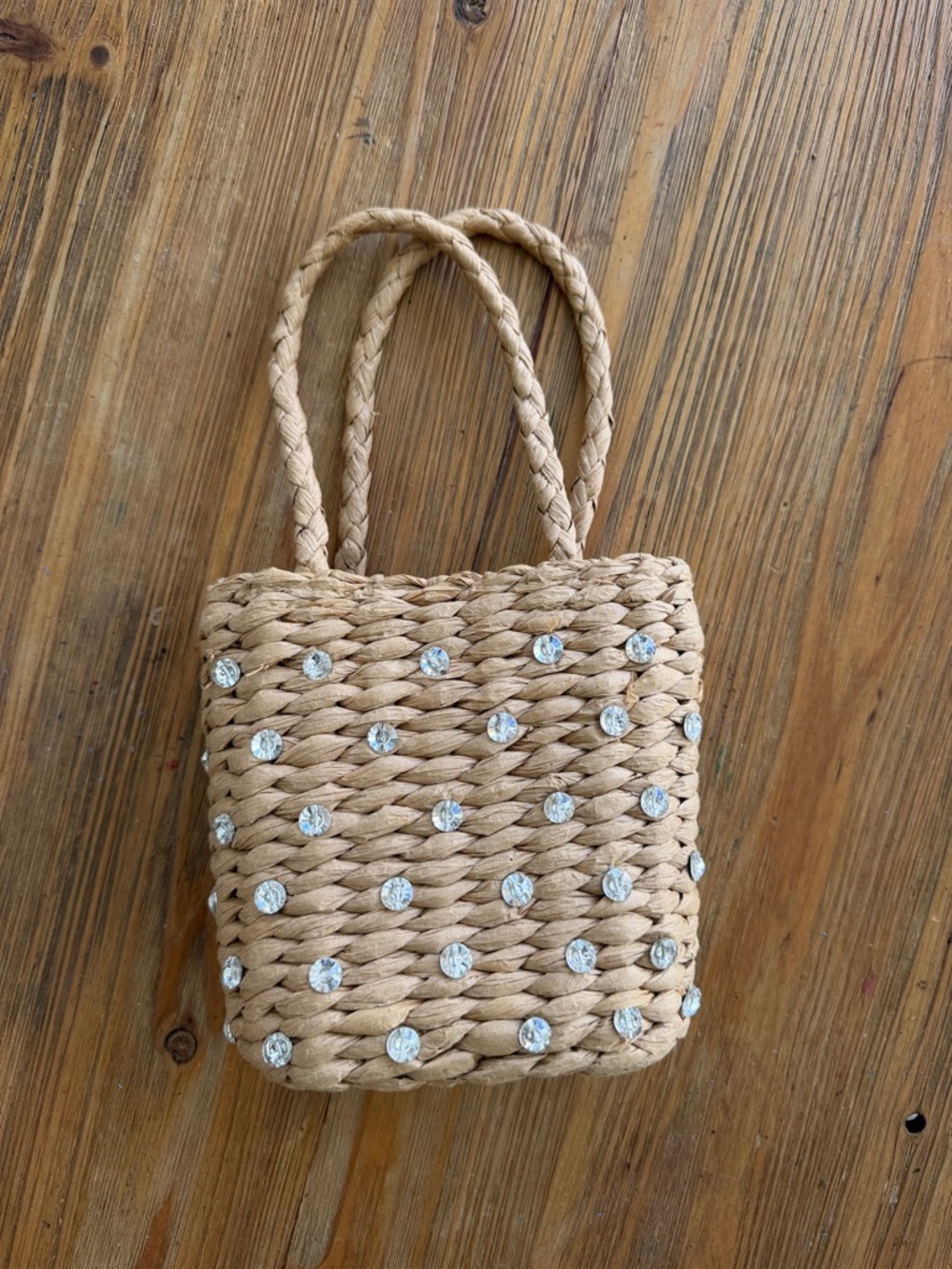 a new day Beige Braided Straw Tote with Crystal Studs